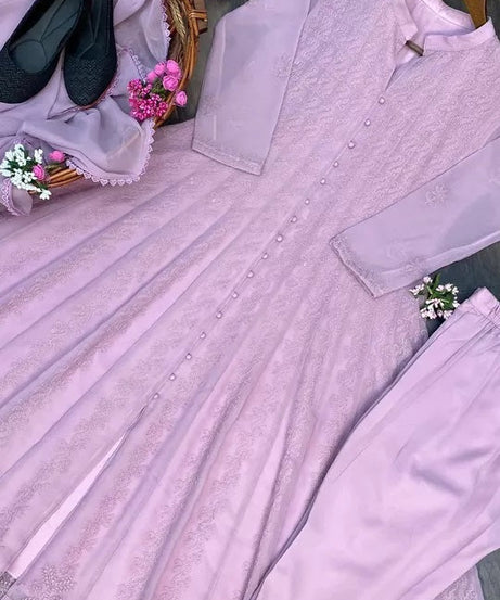 Women's Georgette With Embroidery Work Top Pant & Dupatta Set