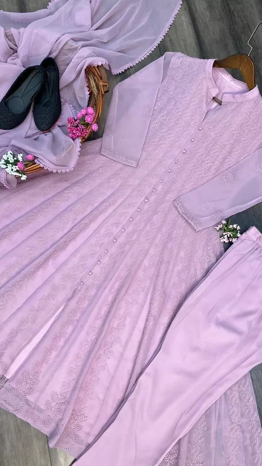 Women's Georgette With Embroidery Work Top Pant & Dupatta Set