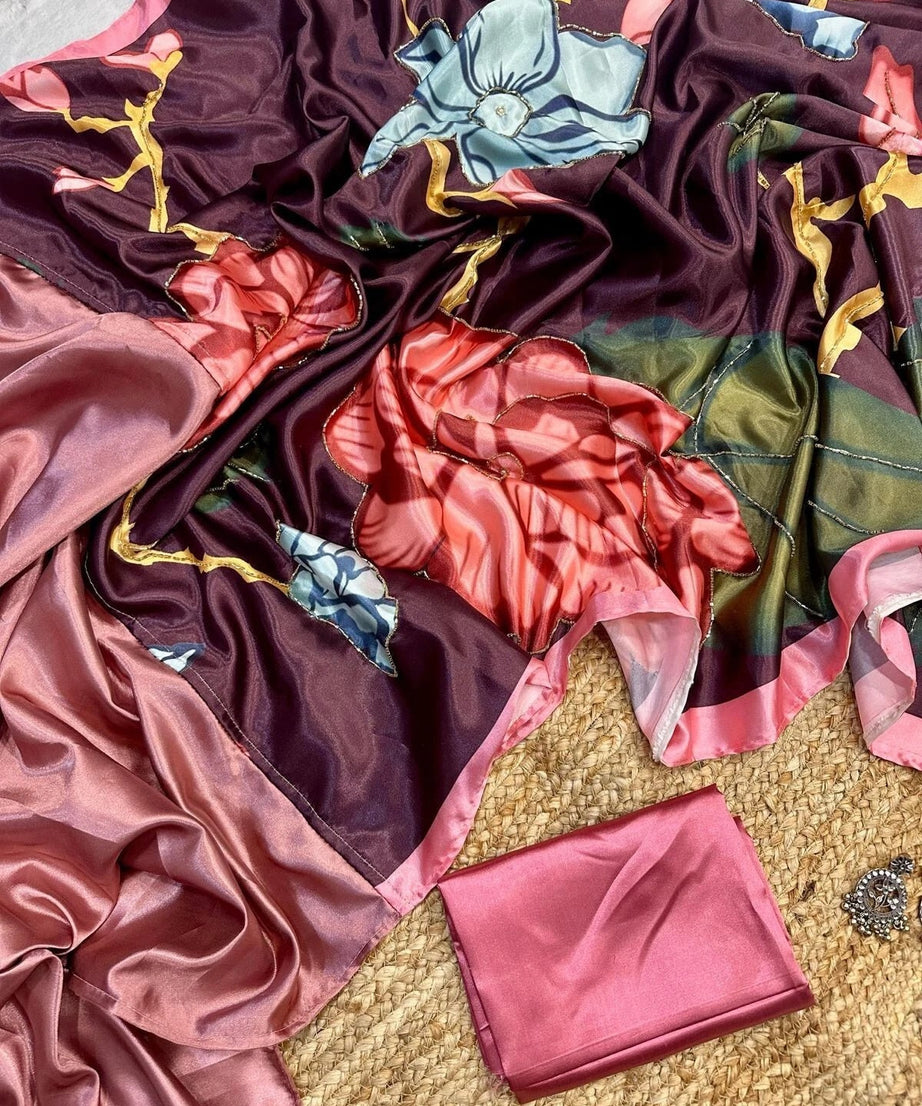 Women's Wedding Classic Latest Japan Satin Saree ,New Sari & Blouse