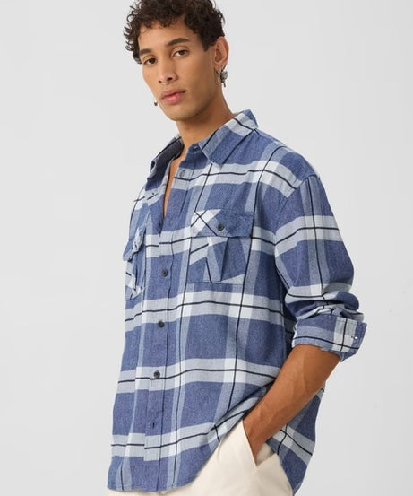 Plaid Blue, White Men Utility Shirts