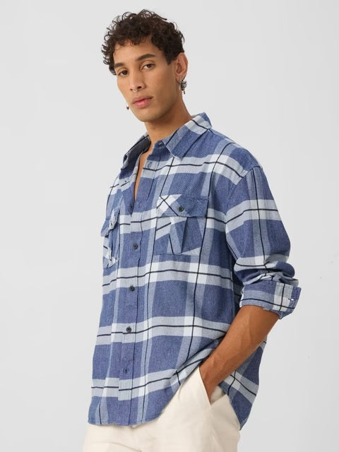Plaid Blue, White Men Utility Shirts