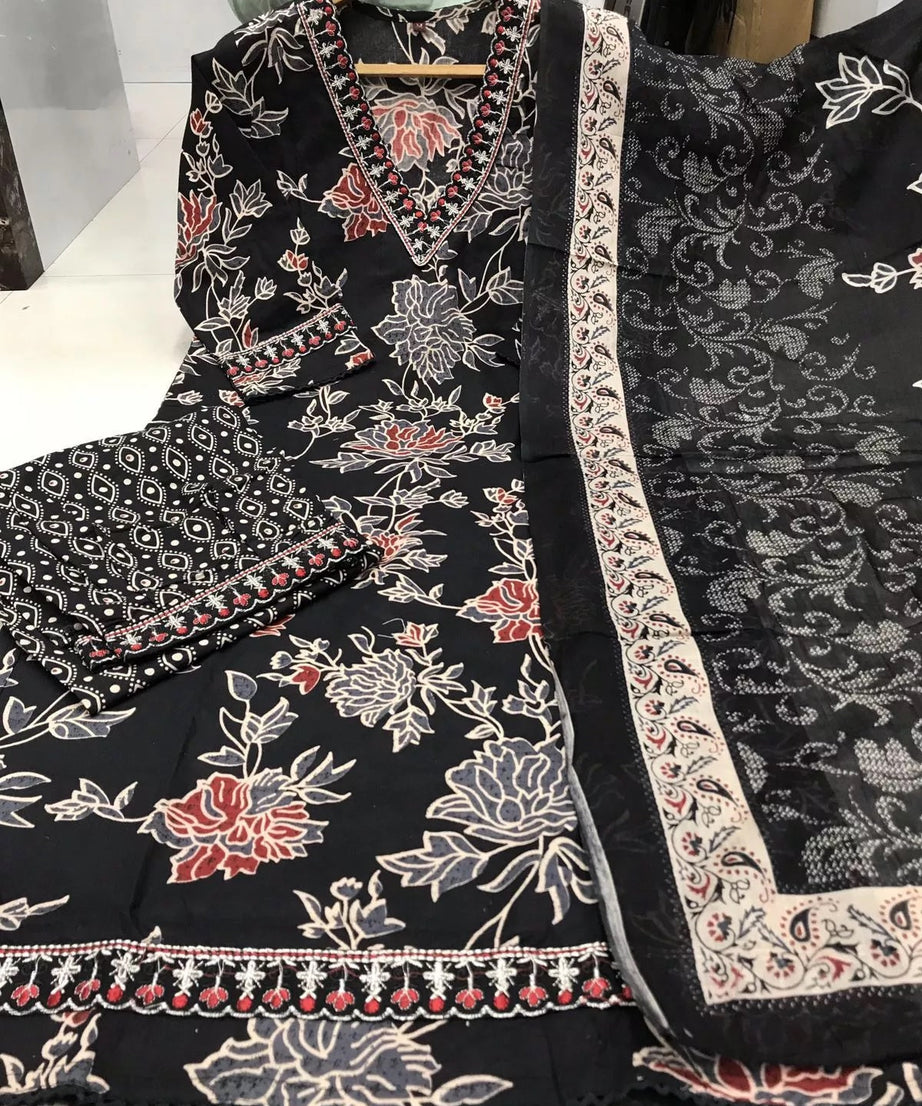Classic Wear Function Full Stitched Cotton Print Top Bottom Dupatta