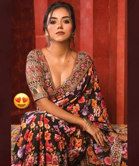 Designer Printed Soft Georgette Saree, Embroidery Heavy Sequence Work Sari & Blouse