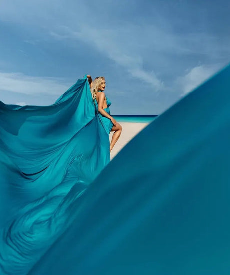 Turquoise Long Train Dress Flying Dress For Photoshoot Asymmetrical Flying Dress