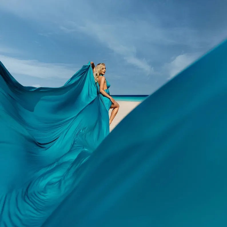 Turquoise Long Train Dress Flying Dress For Photoshoot Asymmetrical Flying Dress