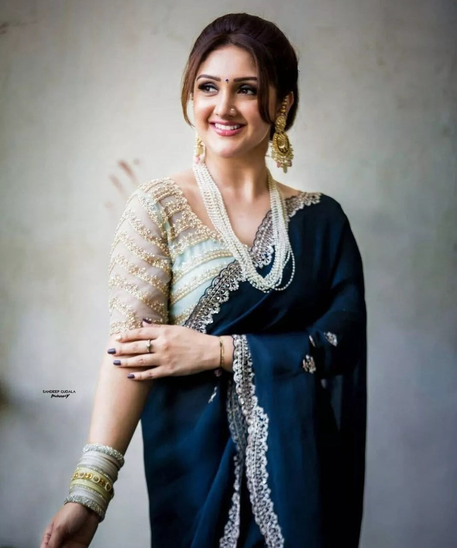 Georgette Saree With Stitched Blouse,Wedding Style Sari & Blouse