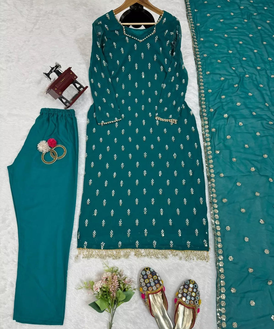 Traditional Fancy Wear Faux Georgette Top Pant With Dupatta