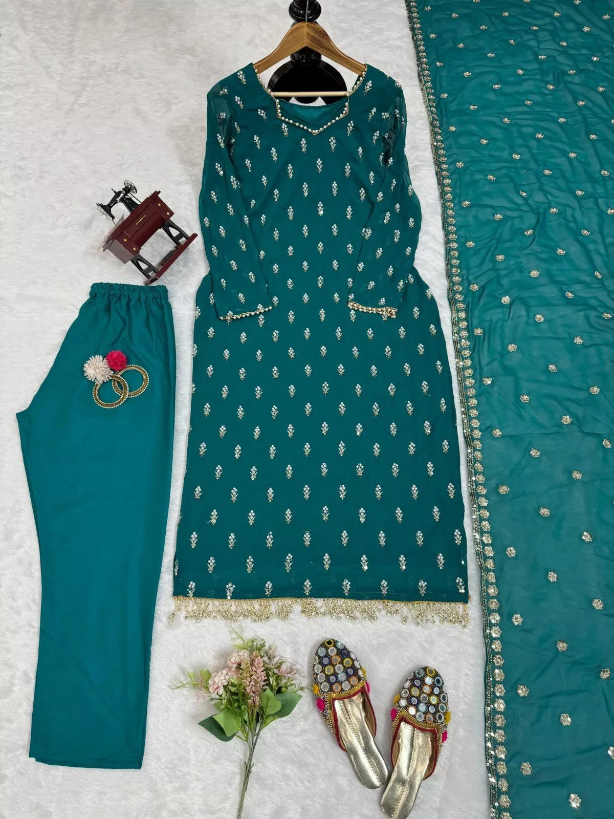 Traditional Fancy Wear Faux Georgette Top Pant With Dupatta