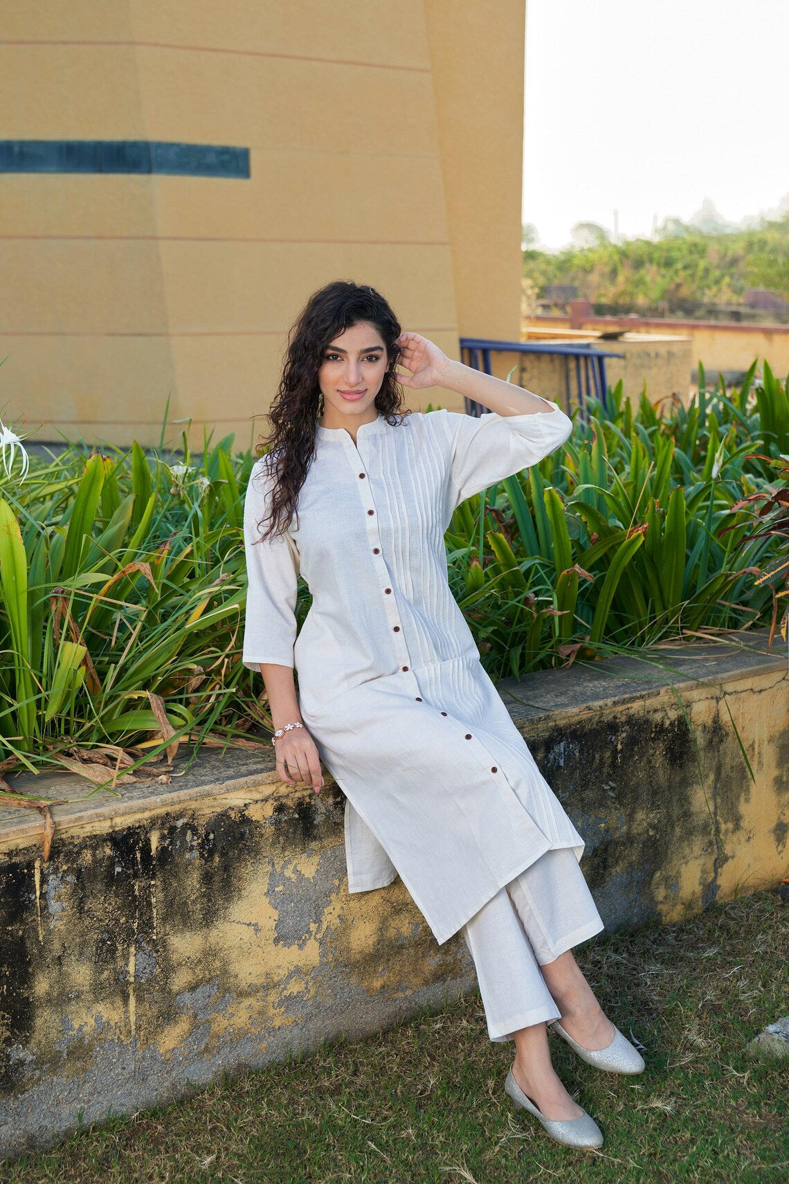 Linen Pleated Kurta Set Kurta Salwar Set for women