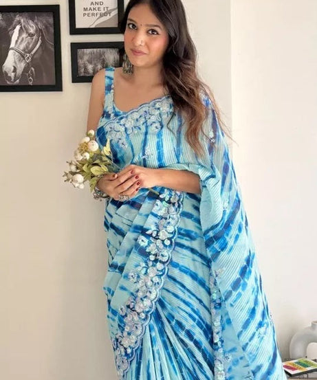 Traditional Soft Crush Multi Color Print Georgette Saree And Blouse