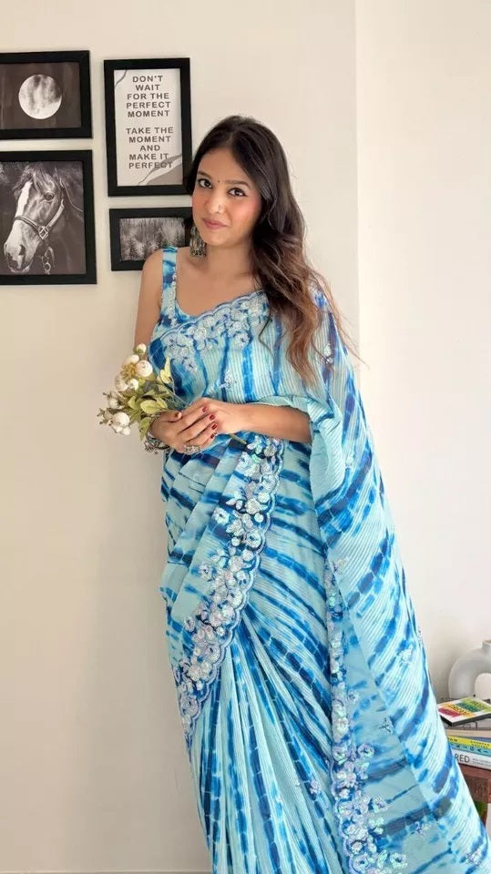 Traditional Soft Crush Multi Color Print Georgette Saree And Blouse