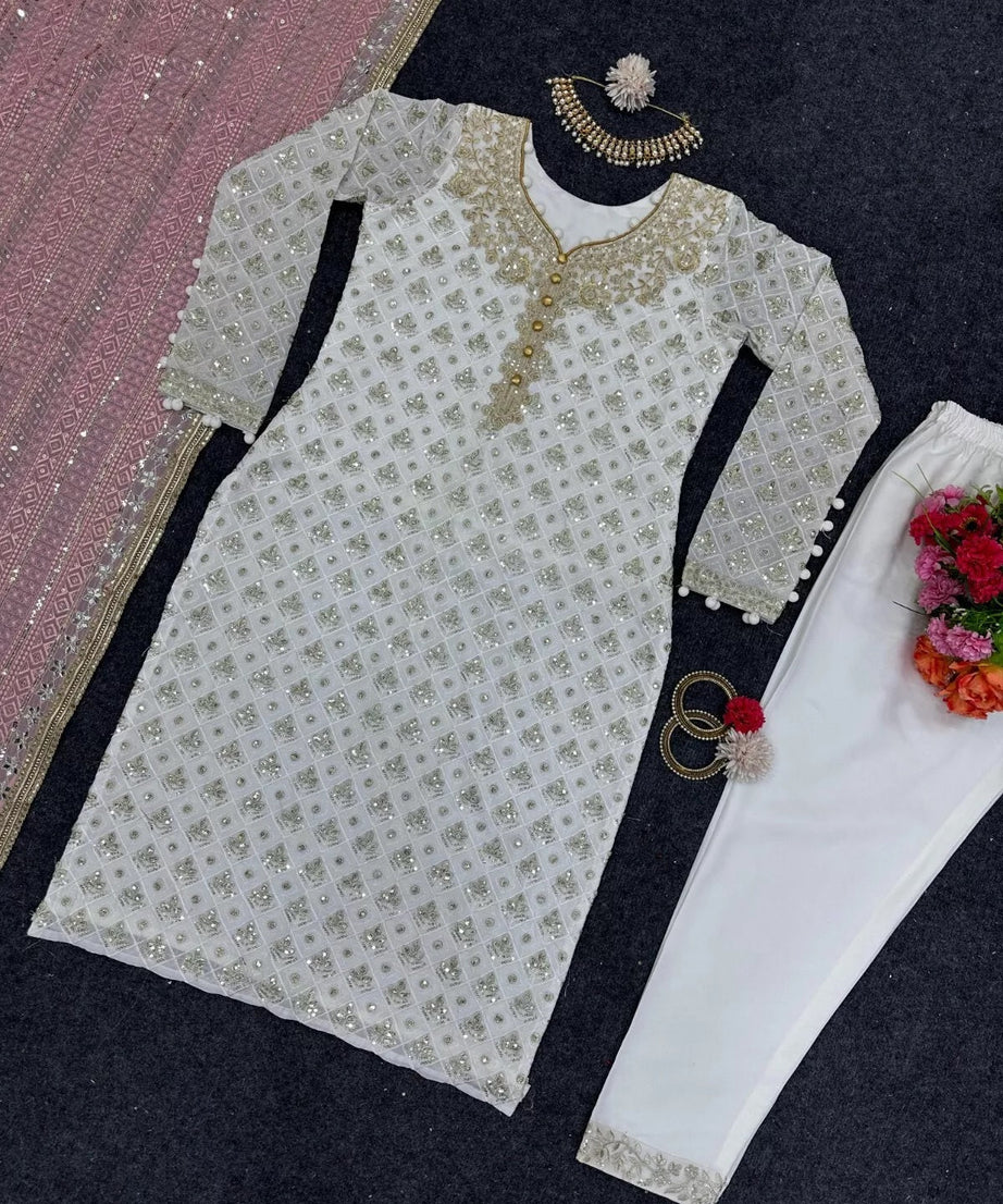 Faux Georgette Traditional Style Top Pant & Dupatta Set