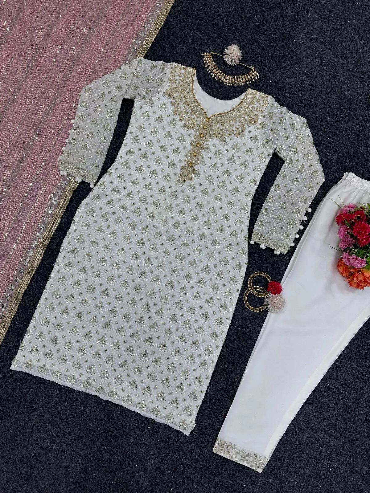 Faux Georgette Traditional Style Top Pant & Dupatta Set