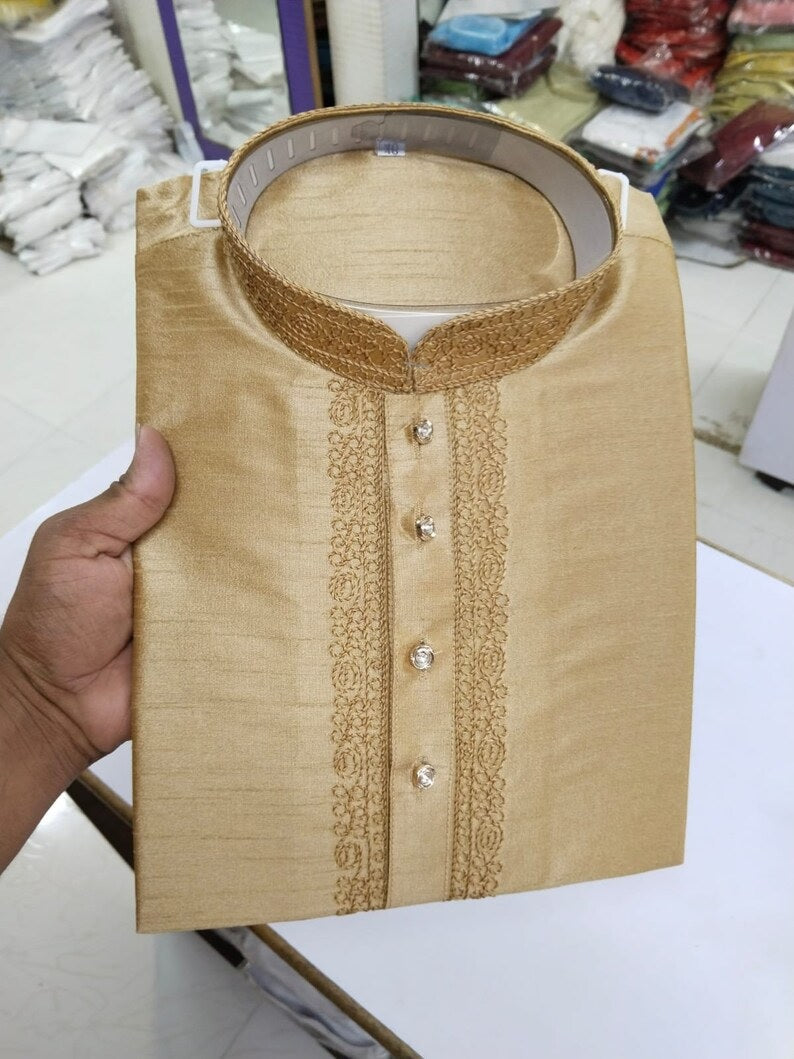 Cotton With Embroidery Work Kurta Set For Men's