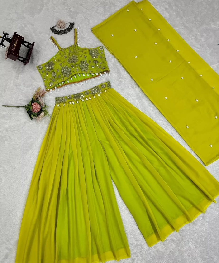 Georgette Sequence & Kodi Lace Border Choli Sharara With Koti