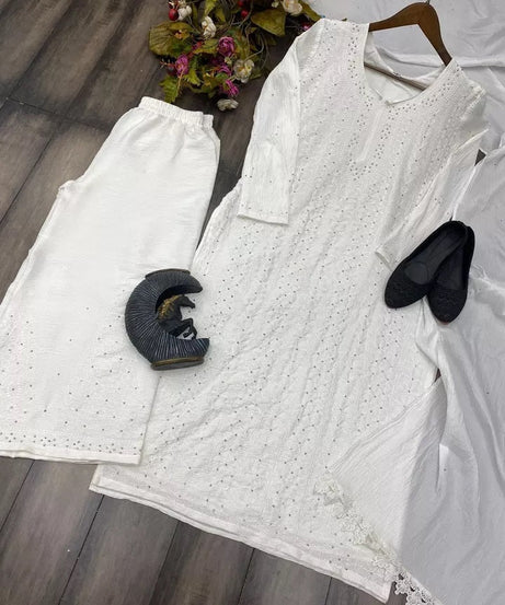 Cotton With Embroidery Diamond Work Top Palazzo Dupatta Set