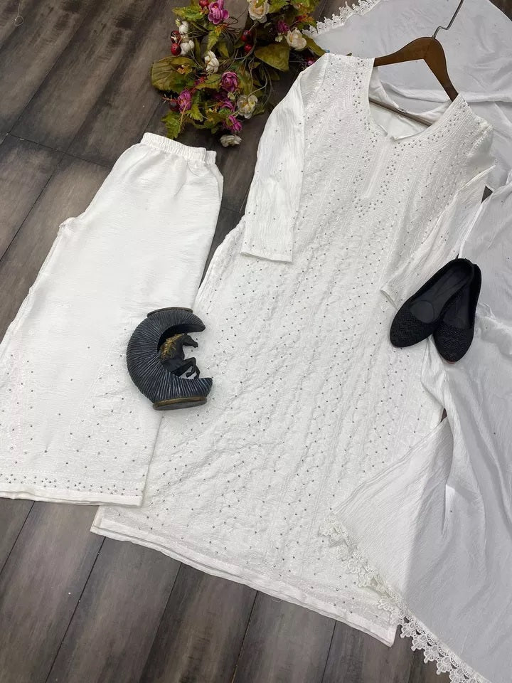 Cotton With Embroidery Diamond Work Top Palazzo Dupatta Set