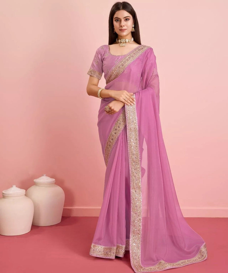 Tabby Silk Organza With Embroidery Lace Work Sari &  Blouse