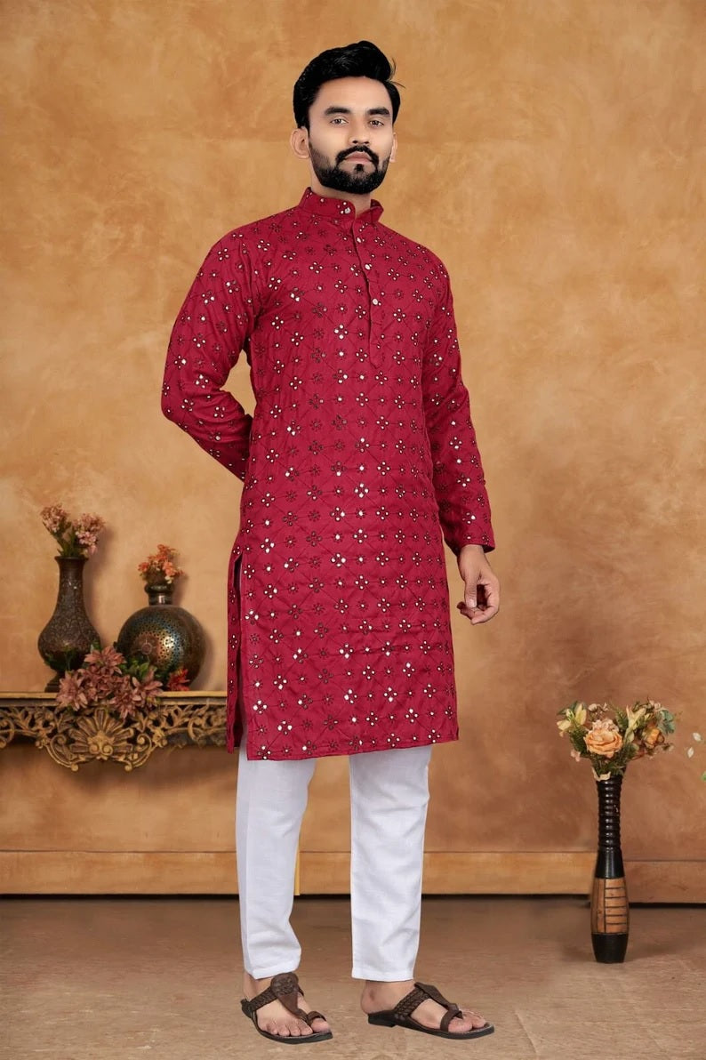 Men's Cotton With Embroidery Work Kurta Pajama Set