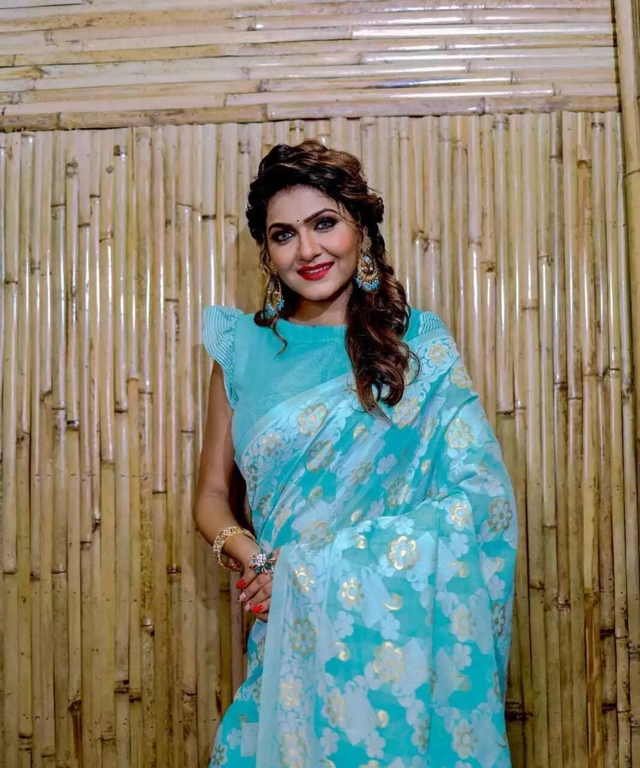 Soft Cotton Jamdani With Gold Zari Weaving Work  Sari & Blouse