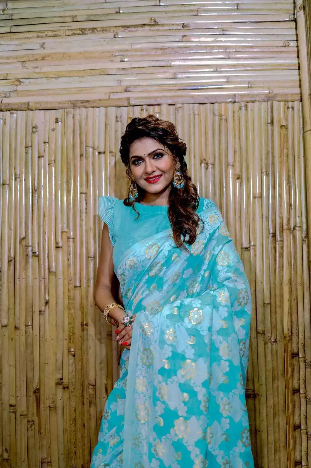 Soft Cotton Jamdani With Gold Zari Weaving Work  Sari & Blouse