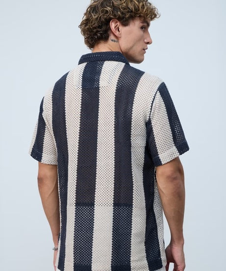 Open Knit Navy Stripes Men Textured Shirts