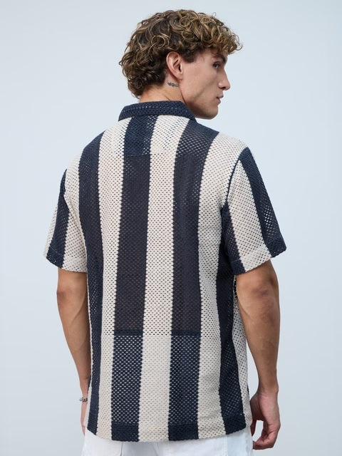 Open Knit Navy Stripes Men Textured Shirts