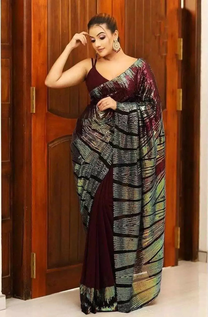 Georgette Embroidery Work Sequence Lace Work Saree,Party Wear Sari