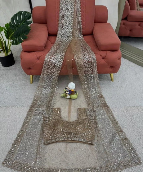 beautiful Wedding Soft Net Sequence Work Saree,Party Function Wear Sari & Blouse