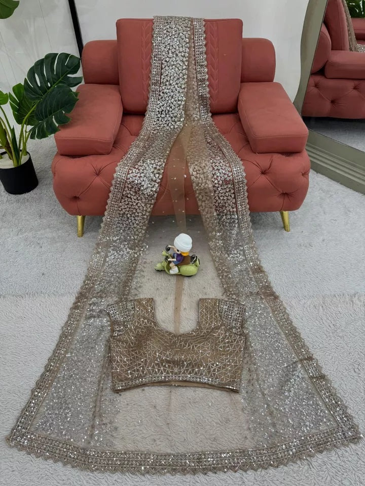 beautiful Wedding Soft Net Sequence Work Saree,Party Function Wear Sari & Blouse