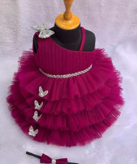 Lovely Sequins Bow and Diamond Belt Net Frock for Baby Girls