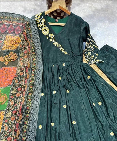 Heavy Pure Chinon Silk With Embroidery Work FullSleeves Gown Bottom Dupatta