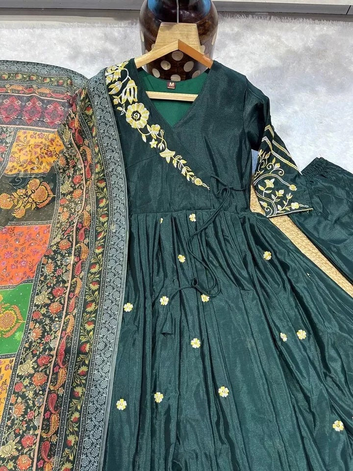 Heavy Pure Chinon Silk With Embroidery Work FullSleeves Gown Bottom Dupatta