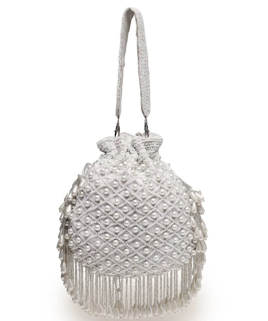 Droop Pearl Embellished Velvet Potli Bag