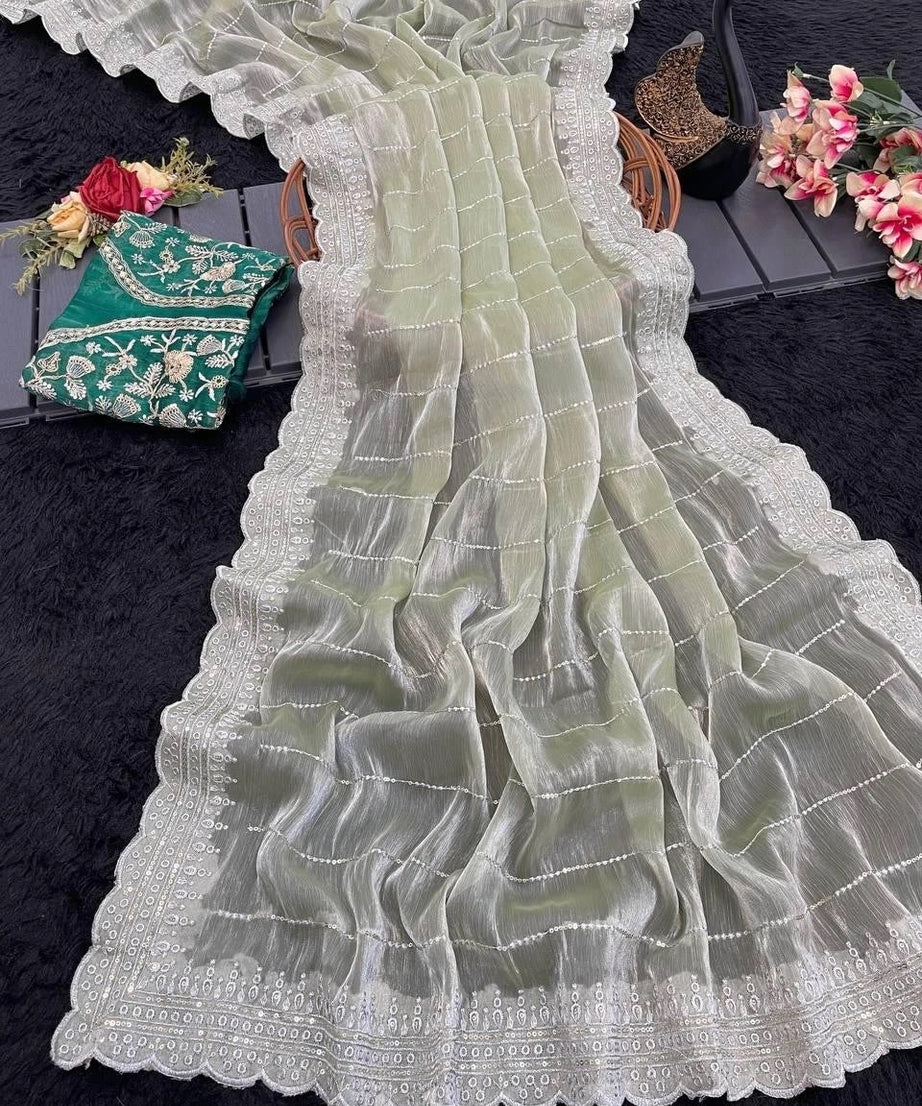 Soft Burburry With Beautiful Sequence Work Sari With Blouse