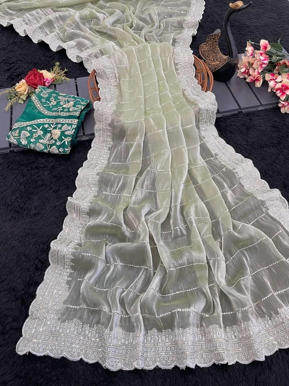 Soft Burburry With Beautiful Sequence Work Sari With Blouse