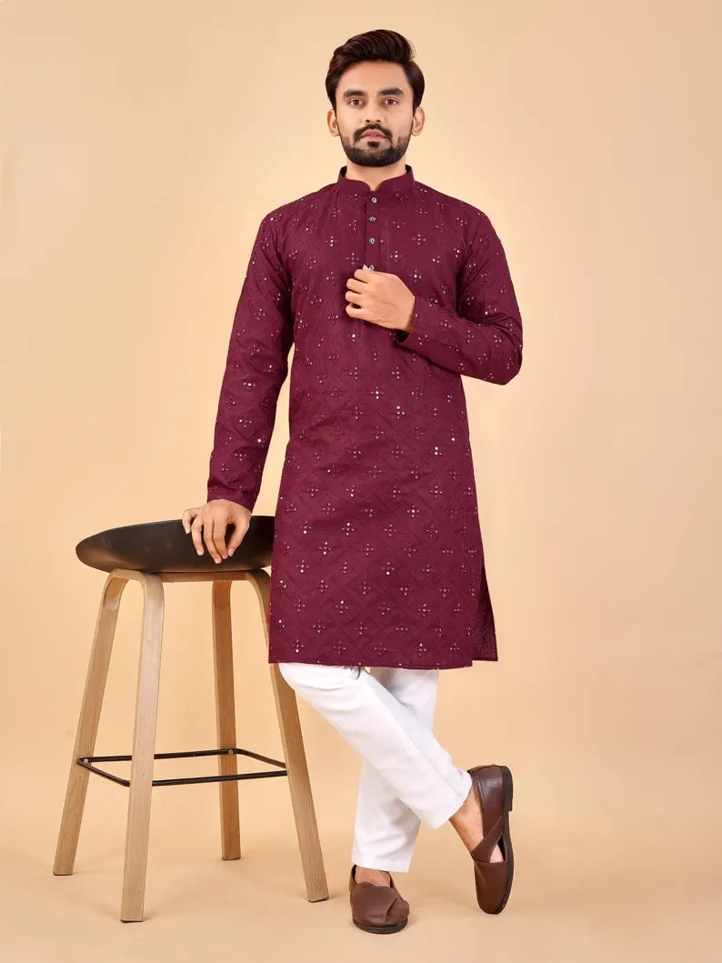 Embroidery Mirror Work Men's Kurta Pajama Set