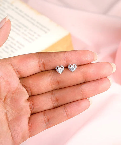 Silver Zircon Small Heart Studs Made with 925 Silver