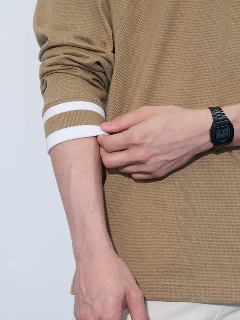 Textured Varsity Beige Oversized Full Sleeve T-Shirts