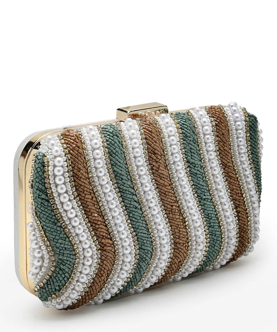 Adorn Wave Embellished Faux Silk Clutch