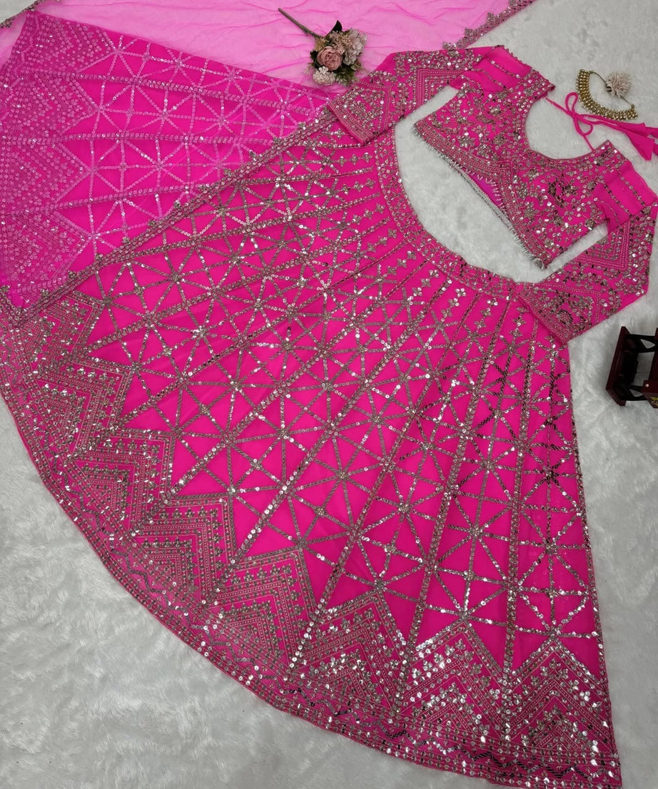 Pink Traditional Wedding Georgette With Thread Work Lehenga Blouse & Dupatta