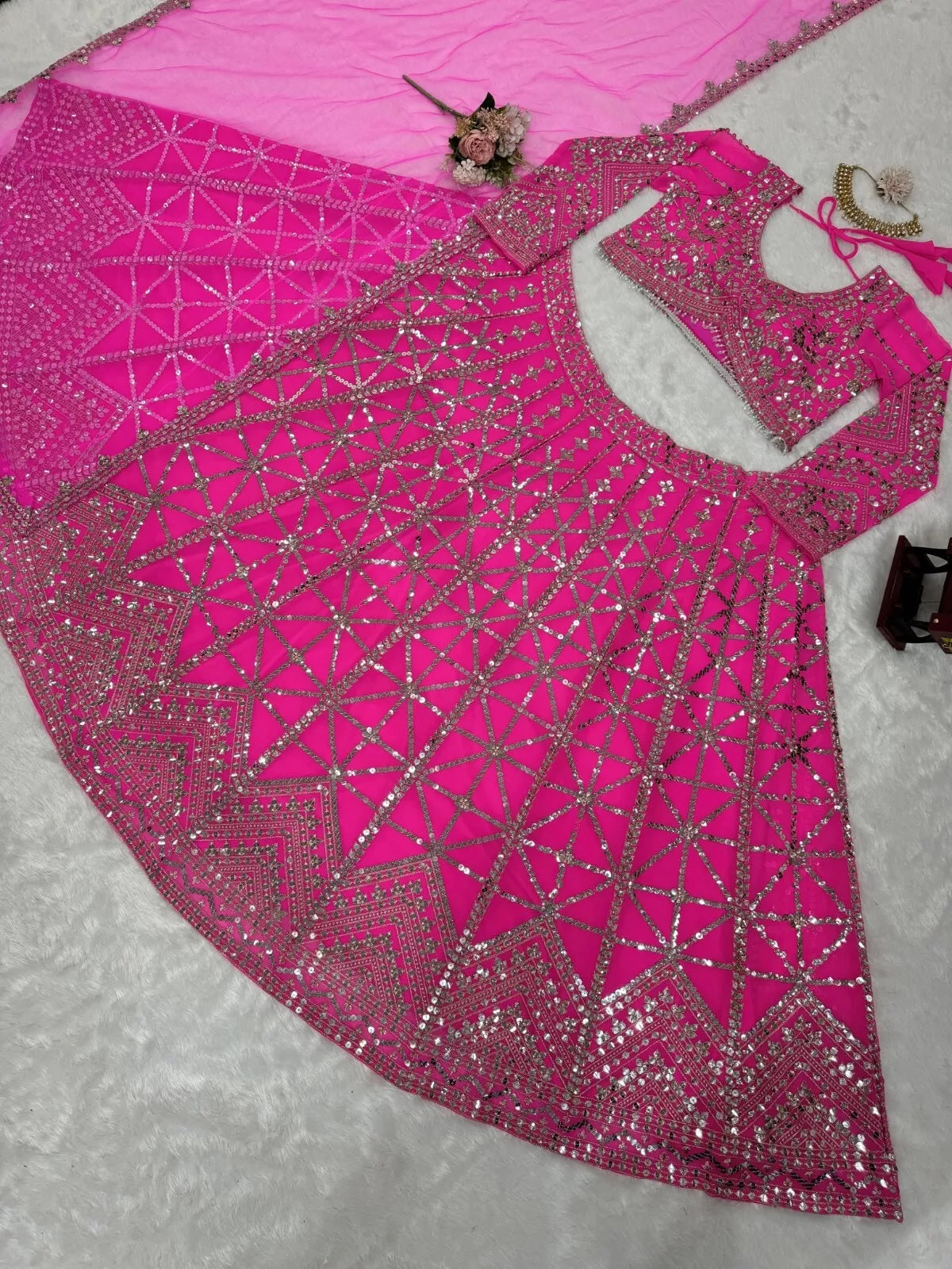 Pink Traditional Wedding Georgette With Thread Work Lehenga Blouse & Dupatta