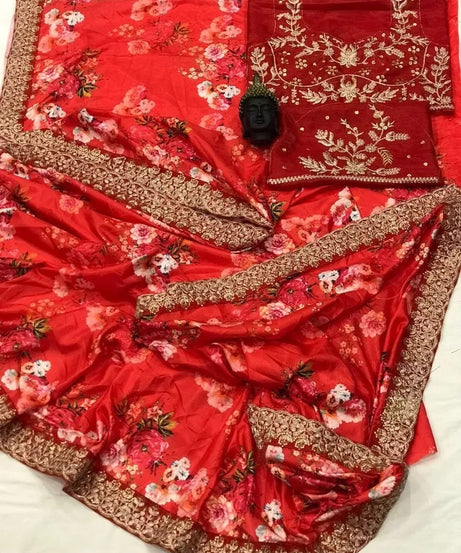Soft Vichitra Silk Embroidery Sequence Work Saree With Blouse