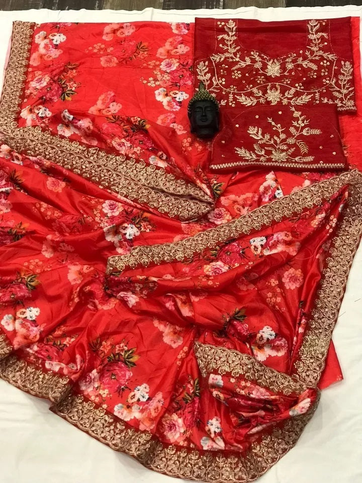 Soft Vichitra Silk Embroidery Sequence Work Saree With Blouse