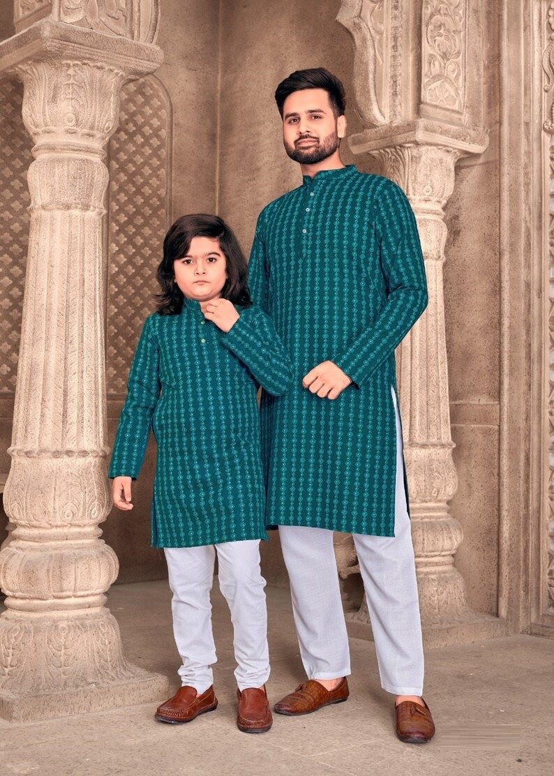 Heavy Magic Cotton Kurta Pajama For Men's & Kid's Combo Set