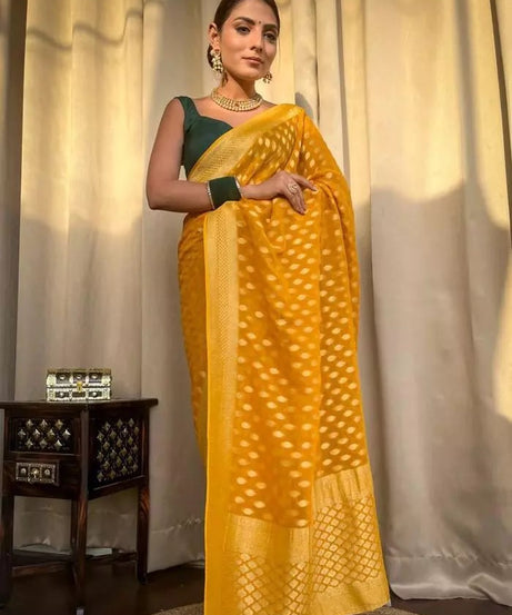 Banarasi Soft Silk Yellow Sari & Blouse