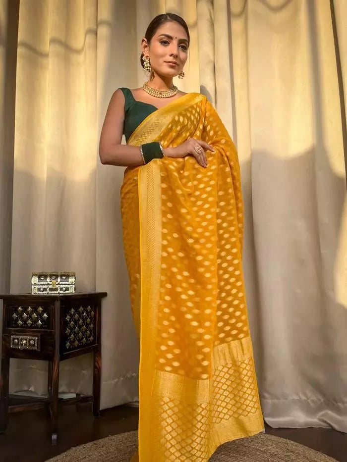 Banarasi Soft Silk Yellow Sari & Blouse