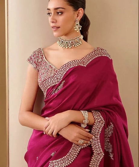 Soft Vichitra Silk With Fancy Thread Work & Sequence Work Saree With Blouse