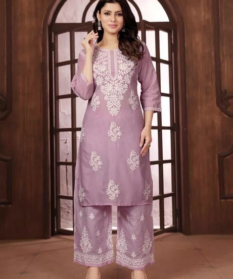 Heavy Cotton With Chikankari Embroidery Work Kurti Pant