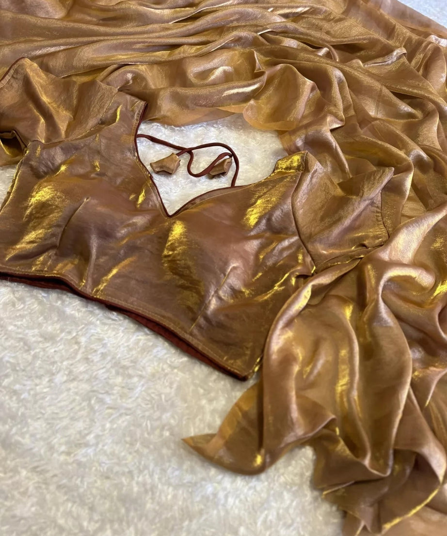 Golden Shaded Soft Shining Saree, Classic Sari With Stitched Blouse